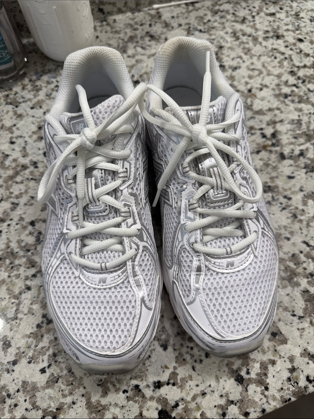 New Balance White and Silver Mesh Trainers